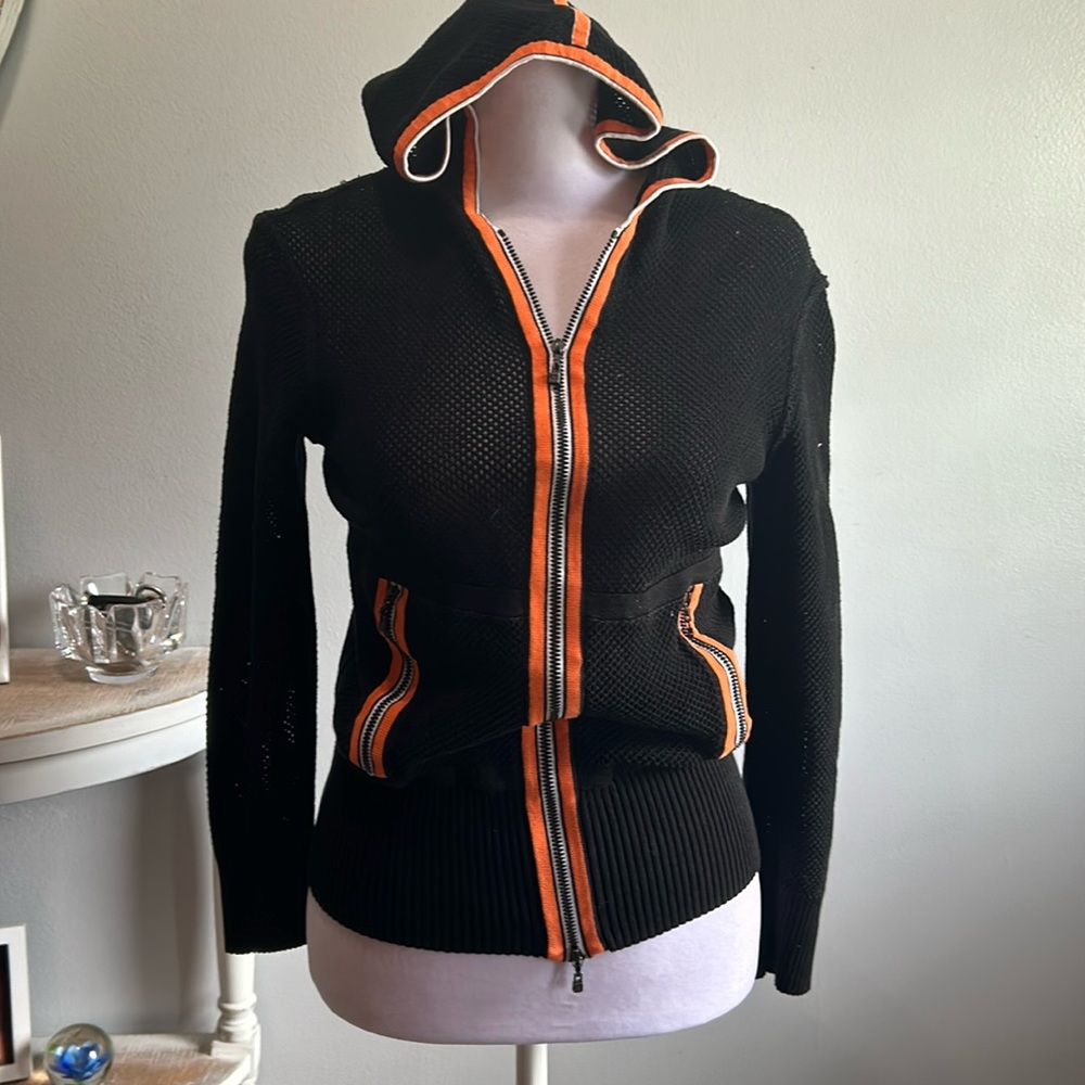 [ESCADA] Black Mesh Knit Hooded Jacket - Size 34/XS